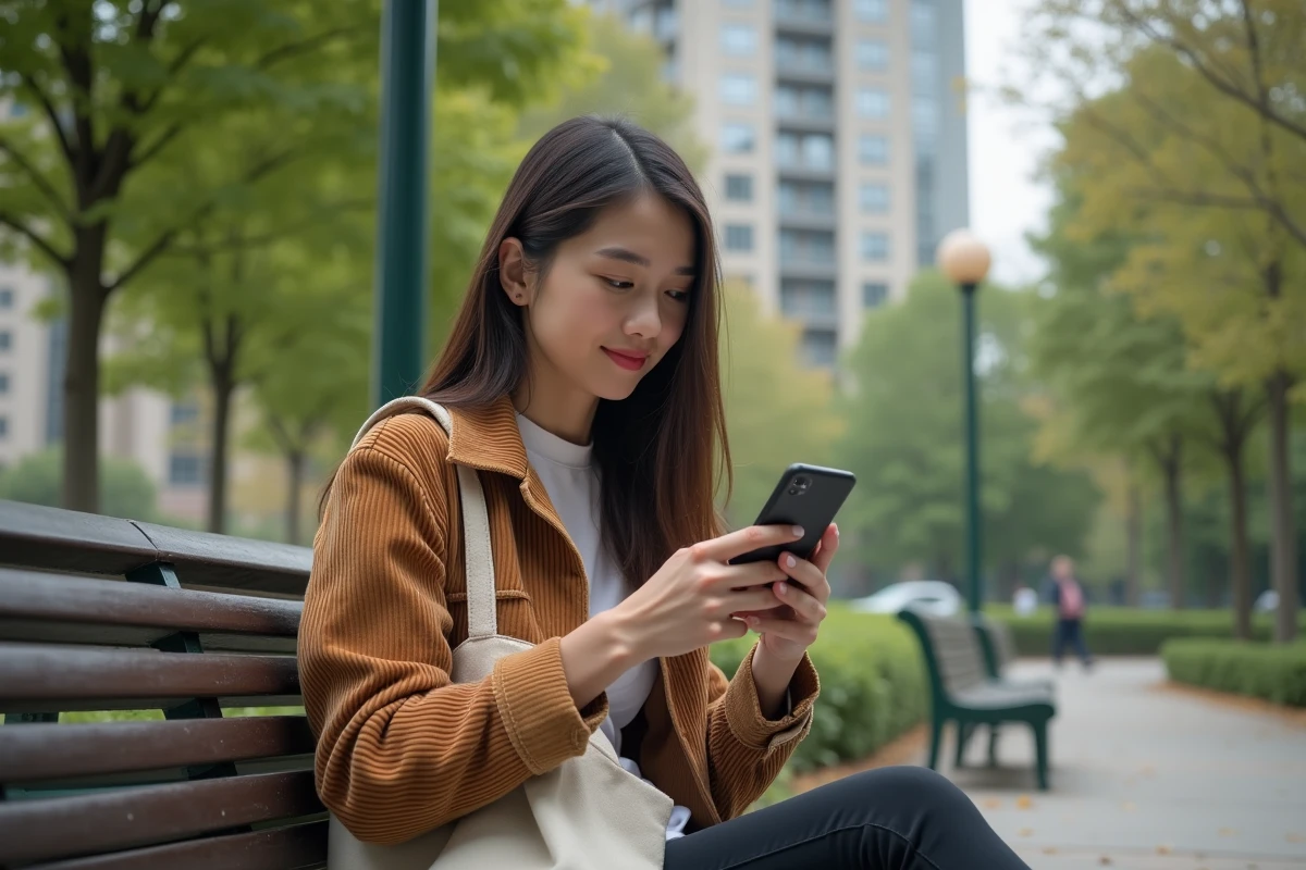 Jeune femme utilisant une application bancaire en plein air