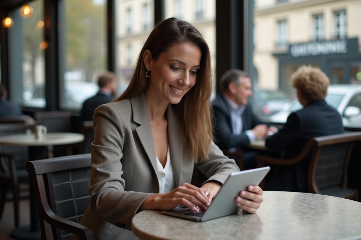 Femme utilisant une tablette pour un transfert bancaire en café