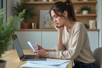 Jeune femme indépendante travaillant à domicile avec reçu Carrefour