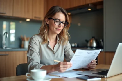 Femme d age moyen travaillant sur son ordinateur à la maison