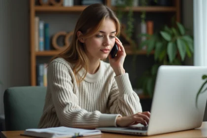 Jeune femme au bureau à domicile avec téléphone et ordinateur