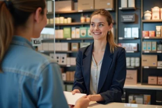 Femme souriante à la caisse d'un supermarché avec bon d'achat UpCadhoc