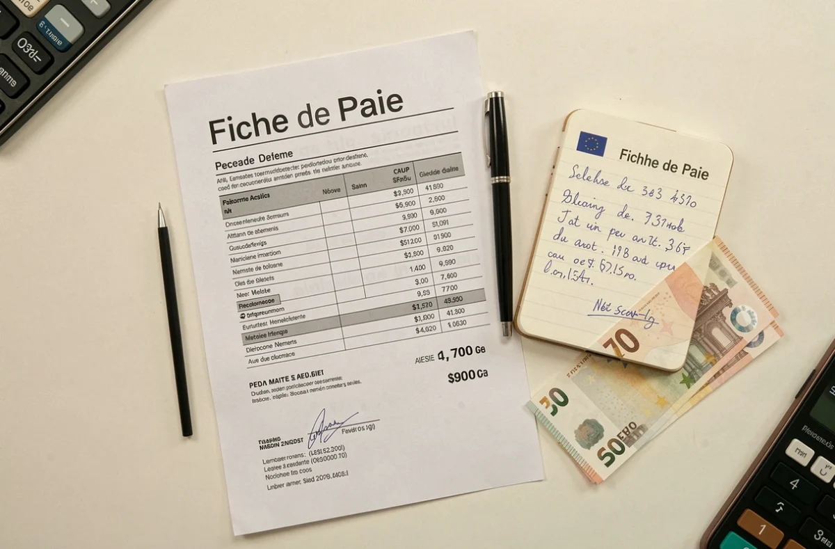 Vue de dessus d'une fiche de paie française avec calculs manuscrits et billets en euros sur un bureau, illustrant le salaire brut net 2026