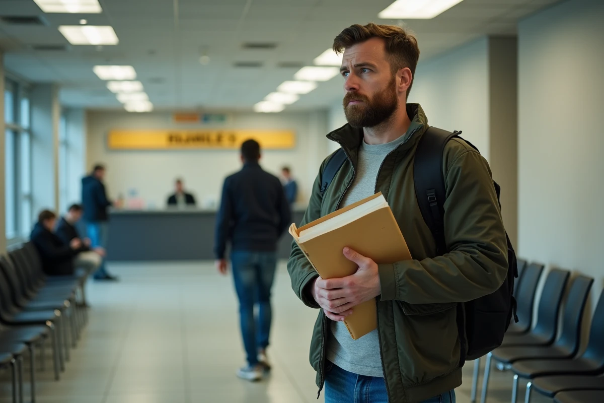 Homme attendant son tour dans la file d'attente du Service des Impôts des Particuliers de Mérignac avec ses documents fiscaux