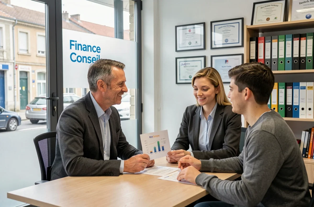 Courtier Finance Conseil à Brive-la-Gaillarde présentant une simulation de prêt immobilier à un jeune couple