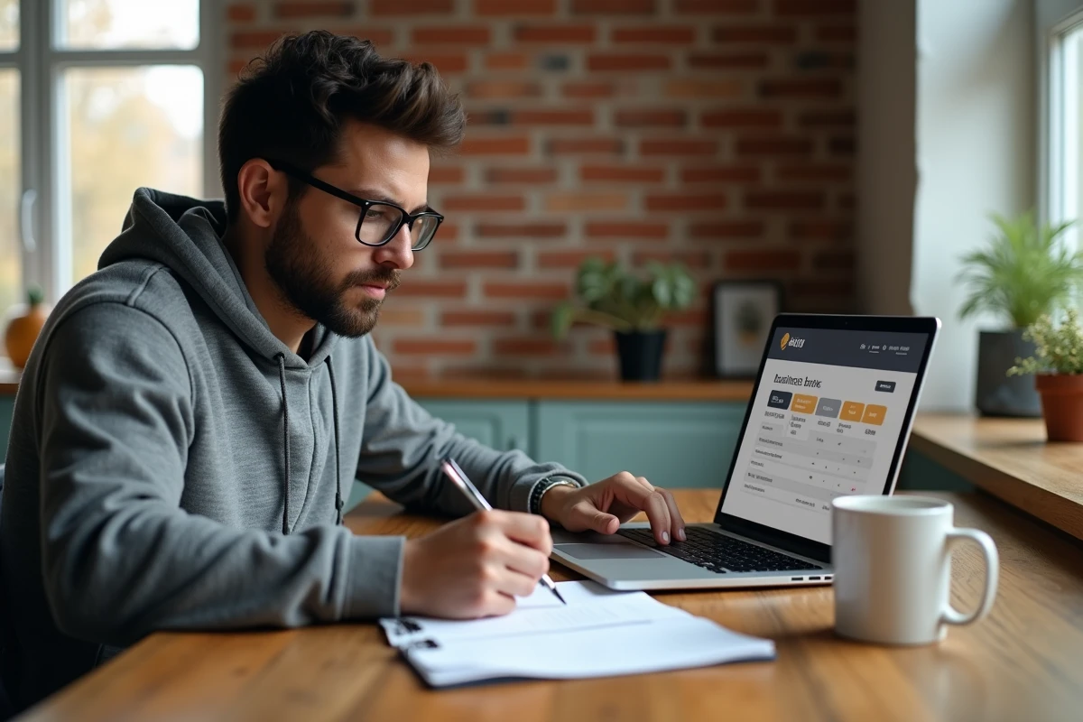 Jeune fondateur de startup comparant les avis sur les banques en ligne pour sa société en cours de création depuis son domicile