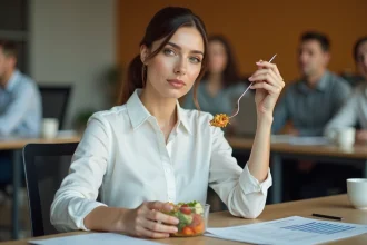 Femme cadre mangeant à son bureau avec une note de frais de repas et des documents fiscaux pour la déclaration 2026