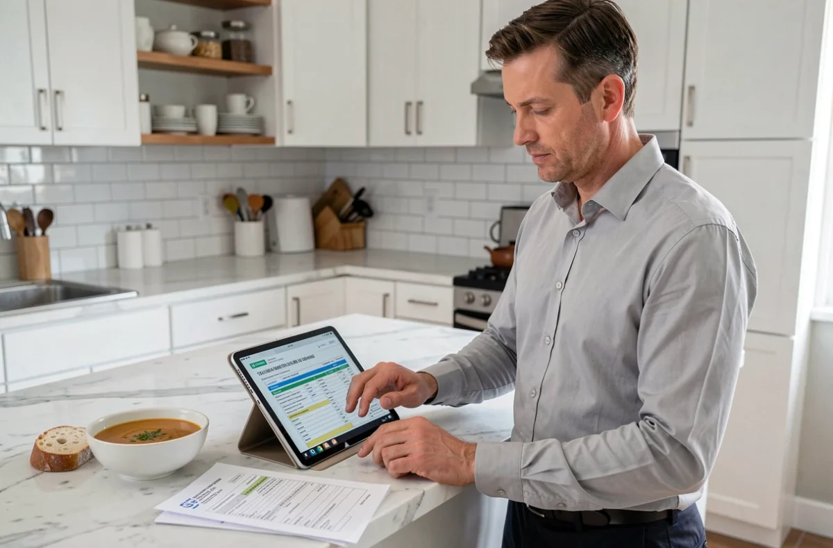 Homme salarié complétant sa déclaration de frais de repas sur tablette dans sa cuisine à domicile