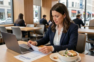Salariée en blazer marine consultant ses frais de repas et documents fiscaux dans une cafétéria d'entreprise moderne