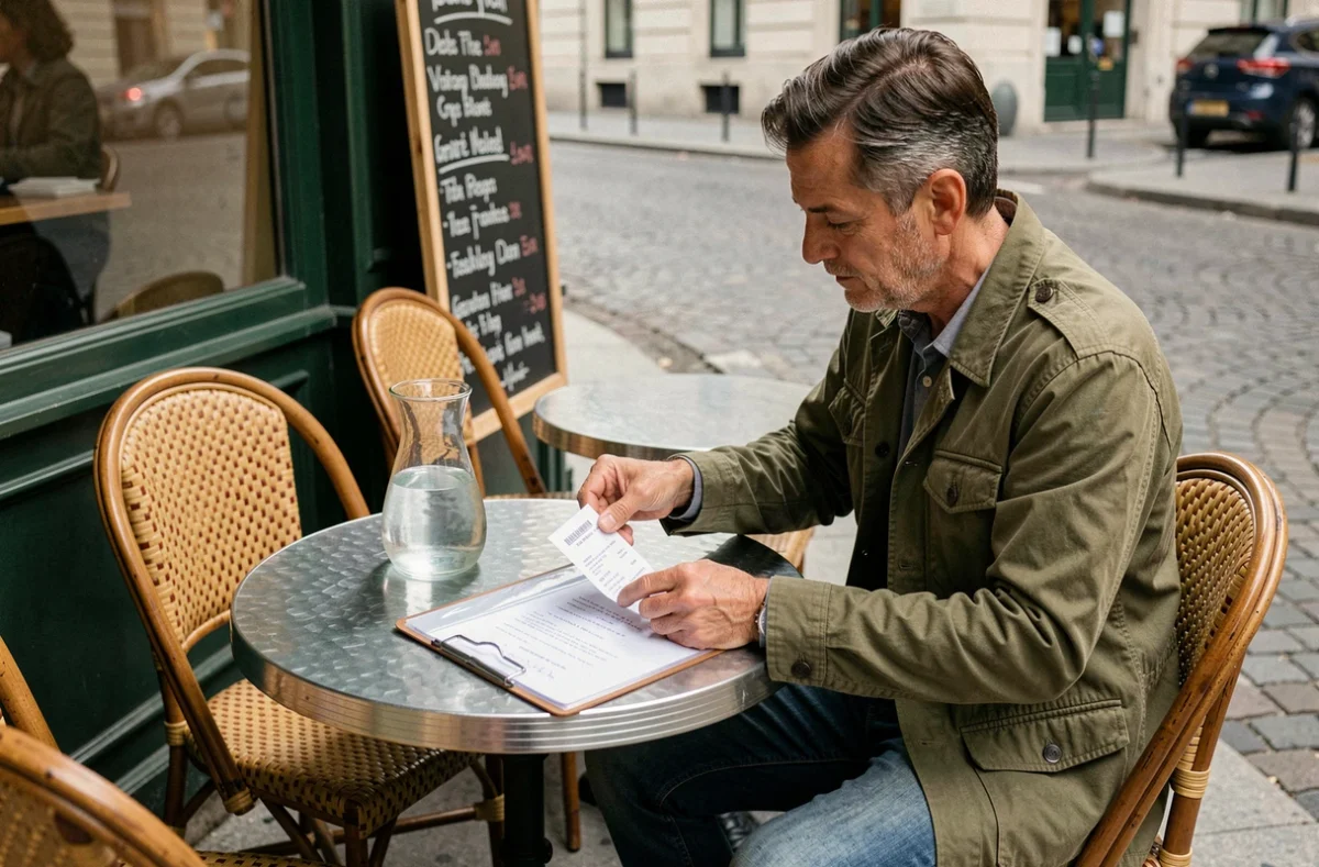 Salarié conservant ses tickets de restaurant dans un classeur fiscal lors d'un repas en terrasse parisienne