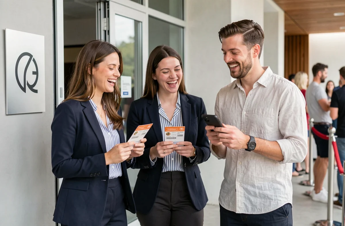 Groupe d'amis présentant leurs tickets Blast Club à l'entrée d'une salle d'événements moderne