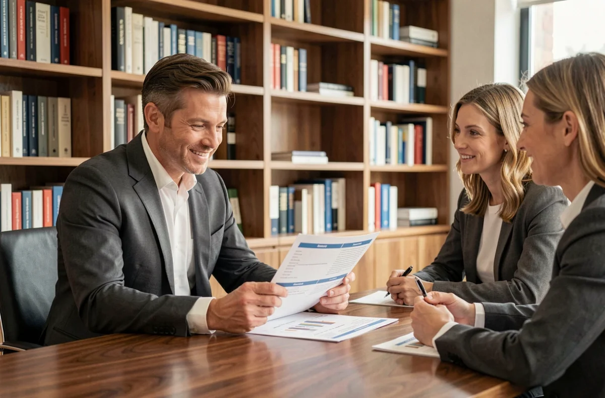 Conseiller du Groupe Quintésens présentant une stratégie d'investissement locatif à des clients dans une salle de réunion professionnelle en Occitanie
