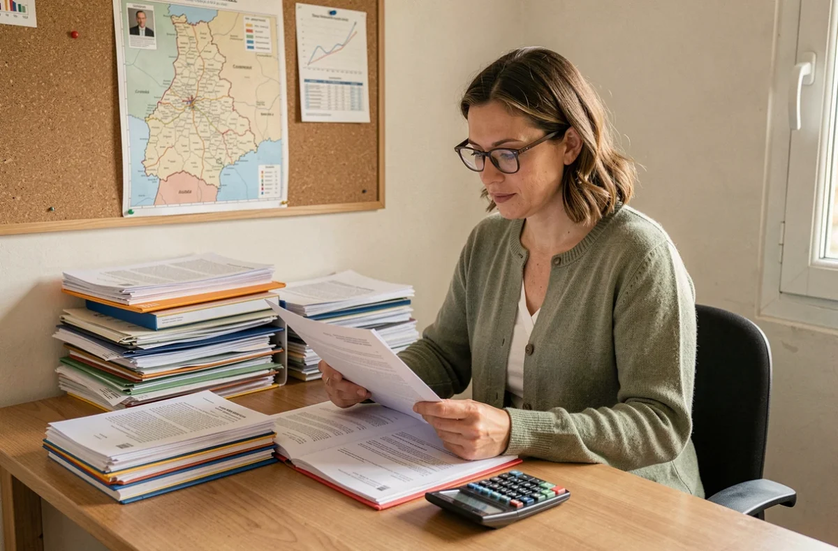 Courtière indépendante en assurances et crédits en Corrèze étudiant un dossier de prêt dans son bureau