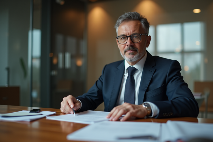 homme-affaires-banque Homme d'affaires en costume dans une banque moderne