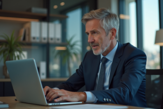 Homme d'affaires en costume bleu regarde son ordinateur