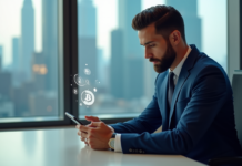 Impact baisse taux : avenir crypto-monnaies dévoilé Homme en costume bleu examine son smartphone avec icônes crypto