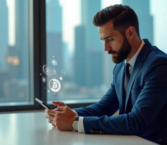 Impact baisse taux : avenir crypto-monnaies dévoilé Homme en costume bleu examine son smartphone avec icônes crypto