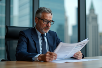 Homme d'affaires en costume navy dans un bureau moderne