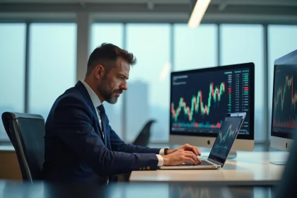 Homme d'affaires en costume regardant des graphiques financiers