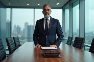 Homme d'affaires en costume sombre dans une salle de réunion moderne avec vue sur une ville européenne, évoquant le pouvoir financier et la fortune de Nasser Al-Khelaïfi