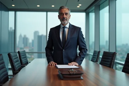 Homme d'affaires en costume sombre dans une salle de réunion moderne avec vue sur une ville européenne, évoquant le pouvoir financier et la fortune de Nasser Al-Khelaïfi