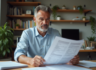 Homme d affaires français examinant des documents financiers