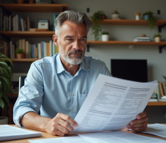 Homme d affaires français examinant des documents financiers