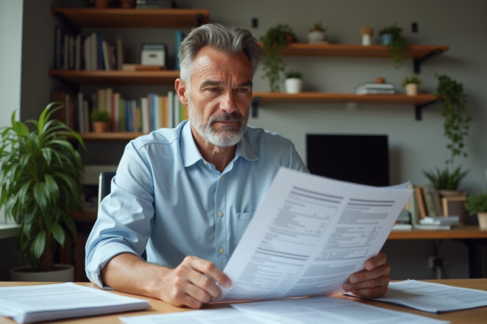 Homme d affaires français examinant des documents financiers