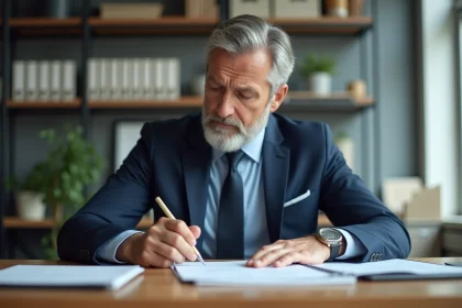 Homme d'affaires en costume bleu dans un bureau moderne