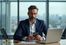 Homme d'affaires en costume avec smartphone Bitcoin