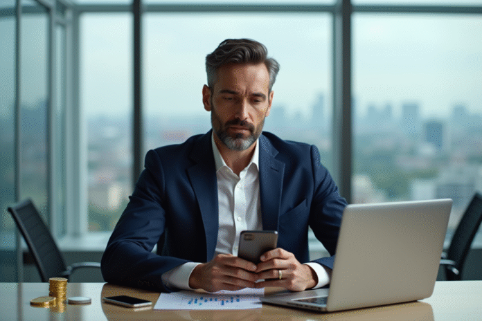 Homme d'affaires en costume avec smartphone Bitcoin