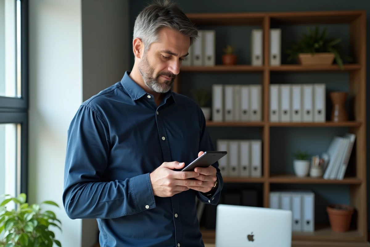 Homme en chemise bleue consultant les alertes de son compte bancaire Crédit Agricole sur smartphone dans un bureau à domicile
