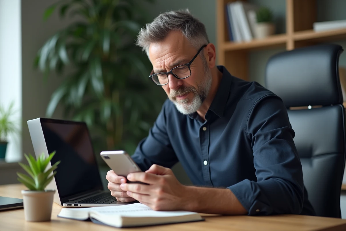 Homme d'affaires gérant les notifications e-mail et alertes de son compte Nickel sur ordinateur et smartphone au bureau