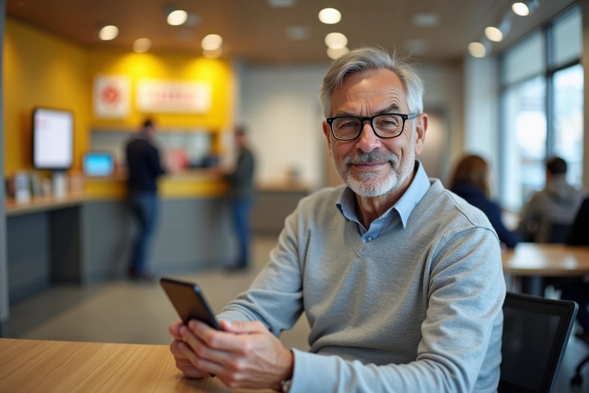 Homme consultant son application La Poste Banque sur smartphone dans une agence bancaire
