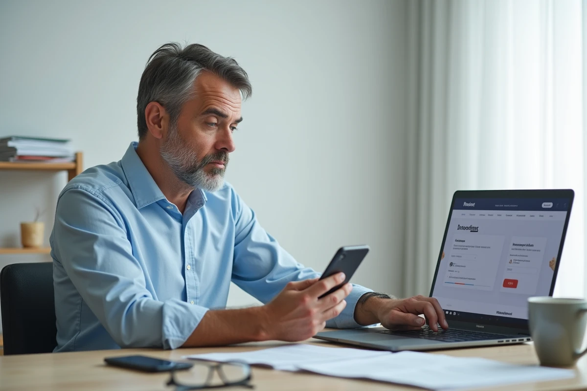 Homme consultant le site ECA Assurance sur ordinateur avant d'appeler le service client depuis son bureau à domicile