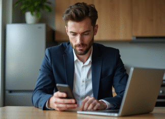 Crypto-monnaie : quelle acheter maintenant ? Comparatif et conseils Homme en blazer regardant son ordinateur dans une cuisine moderne