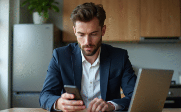 Crypto-monnaie : quelle acheter maintenant ? Comparatif et conseils Homme en blazer regardant son ordinateur dans une cuisine moderne