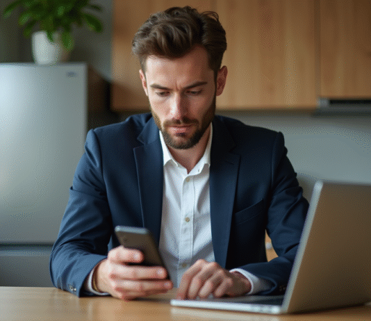 Homme en blazer regardant son ordinateur dans une cuisine moderne