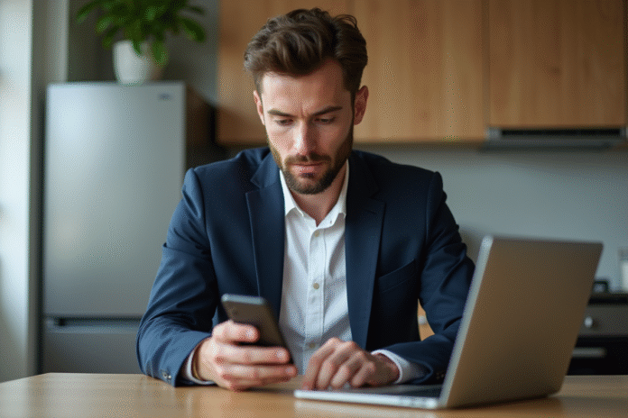 Homme en blazer regardant son ordinateur dans une cuisine moderne