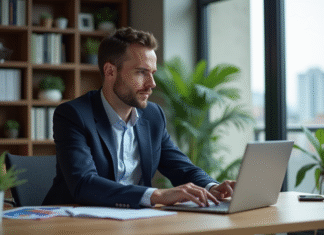 Meilleurs altcoins pour 2025 : Prévisions et analyses du marché Homme en blazer bleu travaillant sur un ordinateur dans un bureau moderne