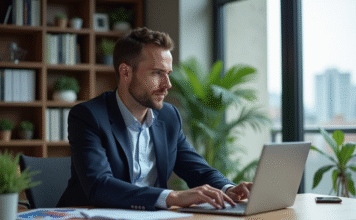 Meilleurs altcoins pour 2025 : Prévisions et analyses du marché Homme en blazer bleu travaillant sur un ordinateur dans un bureau moderne