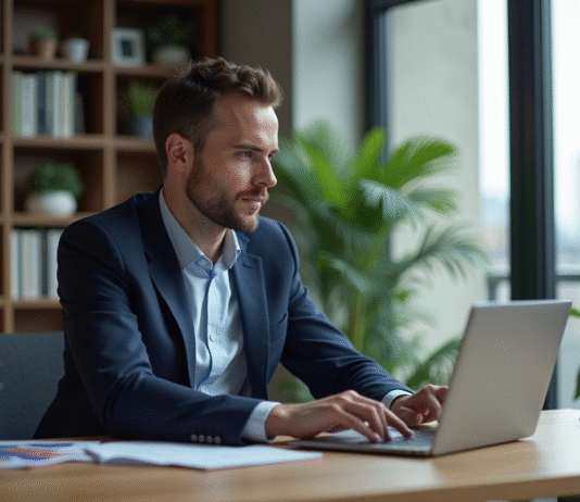 Meilleurs altcoins pour 2025 : Prévisions et analyses du marché Homme en blazer bleu travaillant sur un ordinateur dans un bureau moderne