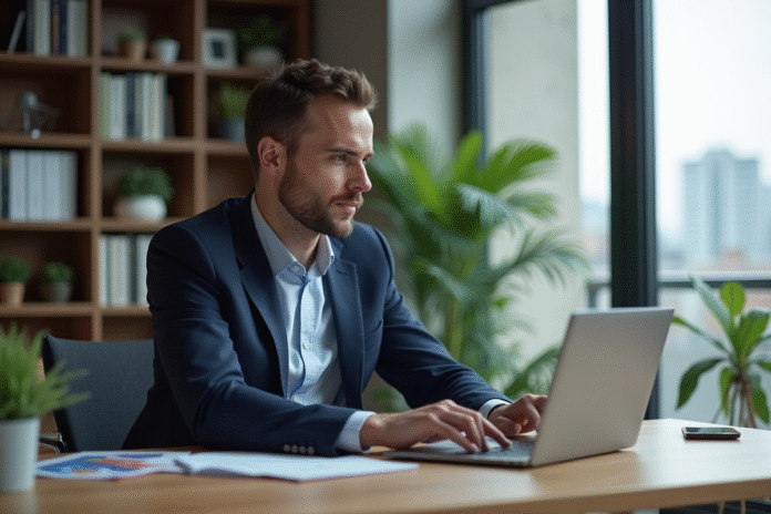 Homme en blazer bleu travaillant sur un ordinateur dans un bureau moderne