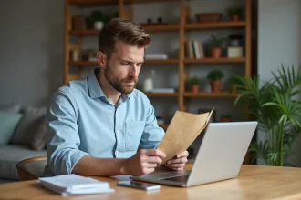 Homme d'affaires regardant sa fiche de paie à la maison