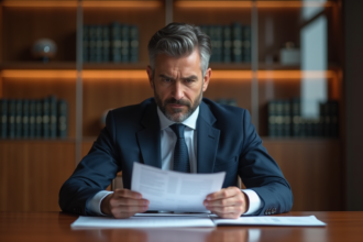 Homme d'affaires en costume bleu examinant des documents crypto