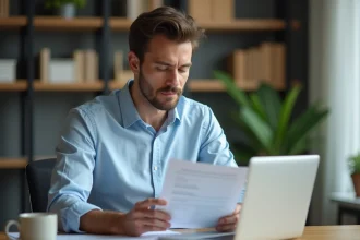 Homme consultant un contrat de mini prêt Flex LCL à son bureau à domicile