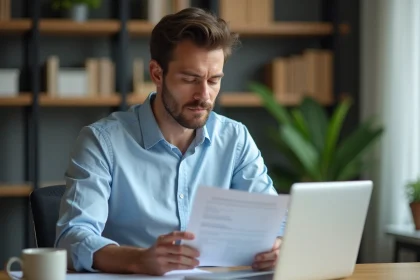 Homme consultant un contrat de mini prêt Flex LCL à son bureau à domicile