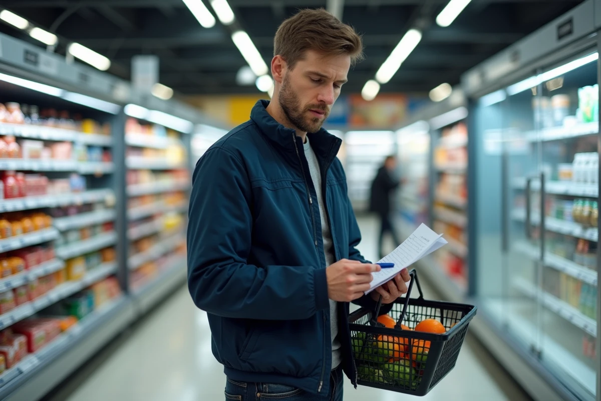 Homme faisant ses courses au supermarché en gérant son budget avec un revenu net mensuel de 2200 euros brut
