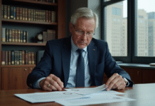 Homme d'affaires en costume bleu examinant des documents officiels