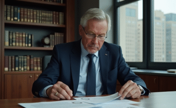 Homme d'affaires en costume bleu examinant des documents officiels